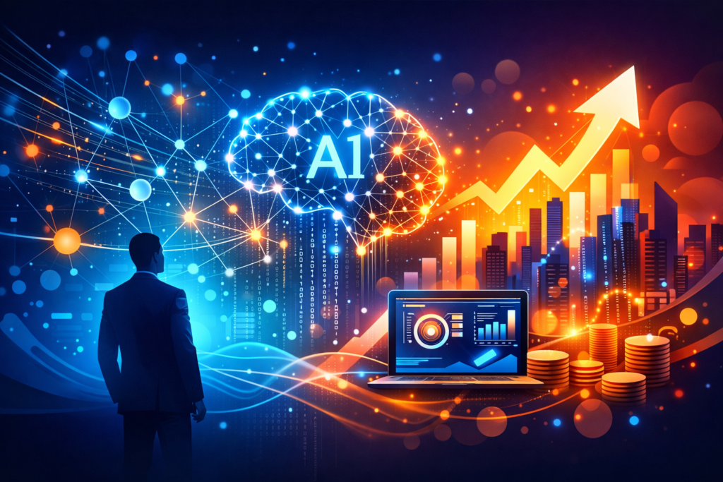 Futuristic AI automation concept showing digital network nodes, human silhouette, rising business graphs and coins, symbolizing AI-driven lead generation and growth